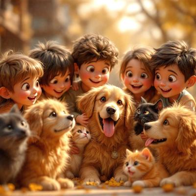 The image features a group of children and a dog sitting together on a leaf-covered ground. The children are smiling and enjoying their time with the dog. The dog is positioned in the center of the group, surrounded by the children. The scene appears to be a joyful and playful moment shared between the children and the dog.